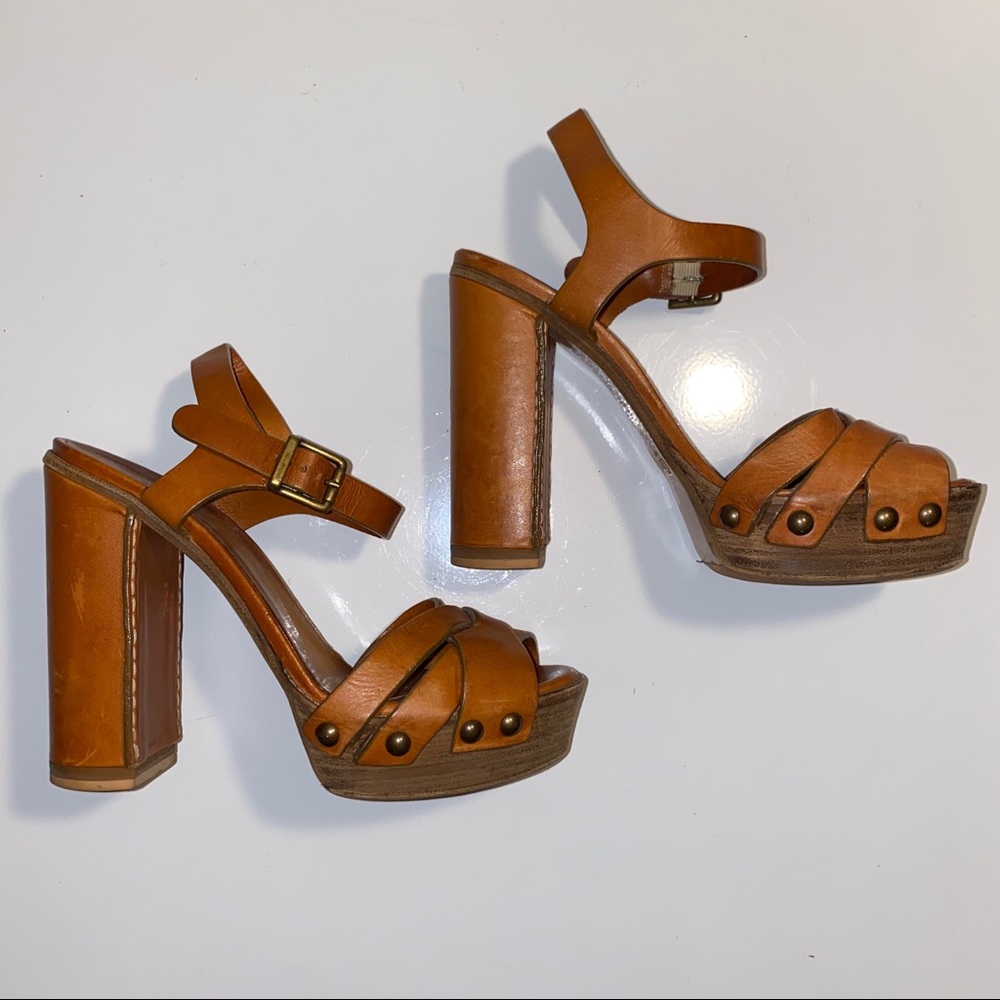 Chloe Clog Cognac Brown Platform Chunky Heels - Picture 3 of 17